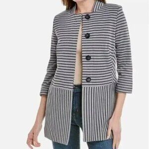 Cabi #5474 Dappled Striped Collarless Car Coat Jacket Navy